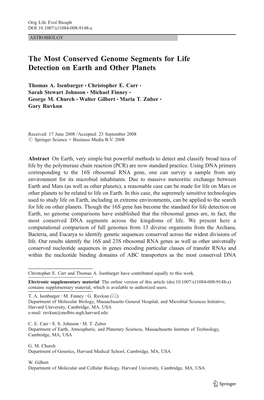 The Most Conserved Genome Segments for Life Detection on Earth and Other Planets