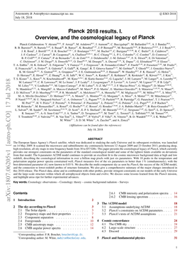 Arxiv:1807.06205V1 [Astro-Ph.CO] 17 Jul 2018 1 Introduction2 3 the ΛCDM Model 18 2 the Sky According to Planck 3 3.1 Assumptions Underlying ΛCDM