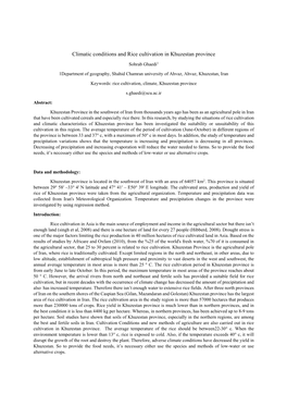 Climatic Conditions and Rice Cultivation in Khuzestan Province