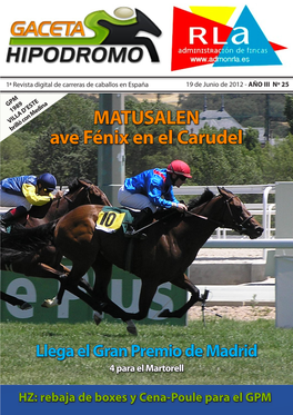 HZ: Rebaja De Boxes Y Cena-Poule Para El GPM Dmolina (Daniel.Molina@Gacetahipodromo.Com) Guía De Programa De Gaceta Hipódromo