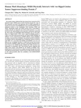 Human Muts Homologue MSH4 Physically Interacts with Von Hippel-Lindau Tumor Suppressor-Binding Protein 11