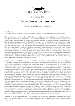St Thomas Becket and London, but Some Background Information May Be Helpful