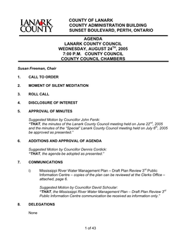 Agenda Lanark County Council Wednesday, August 24Th, 2005 7:00 P.M
