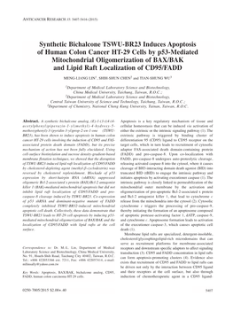 Synthetic Bichalcone TSWU-BR23 Induces Apoptosis of Human Colon Cancer HT-29 Cells by P53-Mediated Mitochondrial Oligomerization