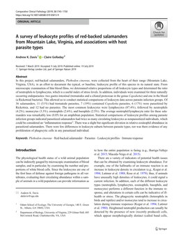 A Survey of Leukocyte Profiles of Red-Backed Salamanders from Mountain Lake, Virginia, and Associations with Host Parasite Types