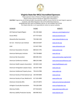 Virginia State Bar MCLE Accredited Sponsors These Sponsors Have a History of Virginia Approved Programs