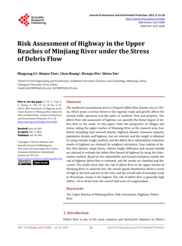 Risk Assessment of Highway in the Upper Reaches of Minjiang River Under the Stress of Debris Flow