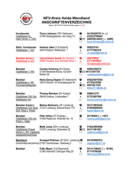 NFV-Kreis Heide-Wendland ANSCHRIFTENVERZEICHNIS Stand: 28.03.2019 (Letzte Änderungen in Rot !)