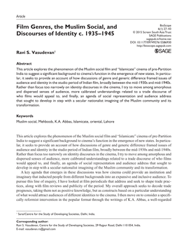 Film Genres, the Muslim Social, and Discourses of Identity C. 1935–1945