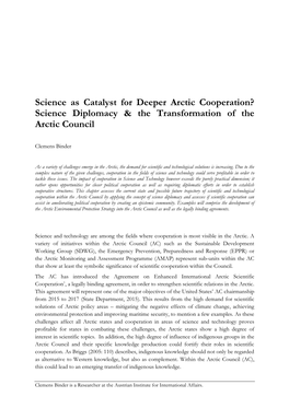 Science As Catalyst for Deeper Arctic Cooperation? Science Diplomacy & the Transformation of the Arctic Council