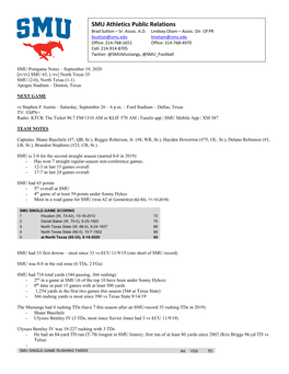 SMU Postgame Notes – September 19, 2020 [Rv/Rv] SMU 65, [-/Rv] North Texas 35 SMU (2-0), North Texas (1-1) Apogee Stadium – Denton, Texas