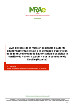 Avis Délibéré De La Mission Régionale D'autorité Environnementale Relatif À