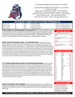 UPCOMING GAMES and PITCHING PROBABLES Tuesday, June 18Th WIL 7:05 PM St