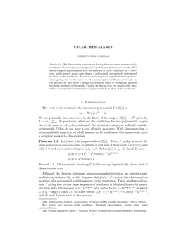 CYCLIC RESULTANTS 1. Introduction the M-Th Cyclic Resultant of A