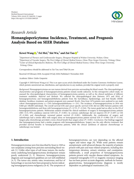 Hemangiopericytoma: Incidence, Treatment, and Prognosis Analysis Based on SEER Database