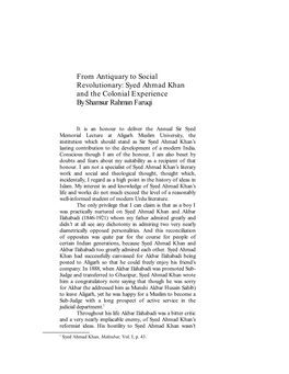 From Antiquary to Social Revolutionary: Syed Ahmad Khan and the Colonial Experience by Shamsur Rahman Faruqi