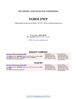 Universe Pharmaceuticals INC Form FWP Filed 2021-03-01