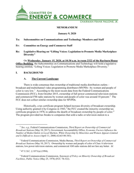 MEMORANDUM January 9, 2020 To: Subcommittee on Communications and Technology Members and Staff Fr: Committee on Energy And