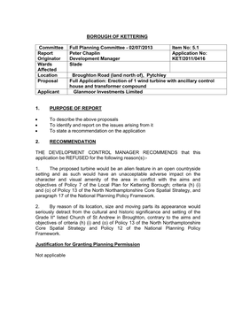Pytchley Proposal Full Application: Erection of 1 Wind Turbine with Ancillary Control House and Transformer Compound Applicant Glanmoor Investments Limited