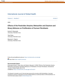 Effects of the Pesticides Atrazine, Metoachlor and Diazinon and Binary Mixtures on Proliferation of Human Fibroblasts