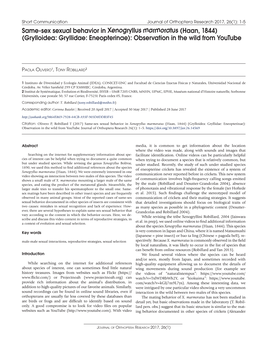 Same-Sex Sexual Behavior in Xenogryllus Marmoratus (Haan, 1844) (Grylloidea: Gryllidae: Eneopterinae): Observation in the Wild from Youtube