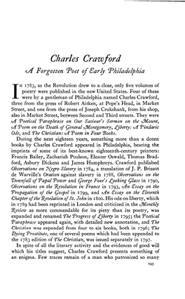 Charles Crawford a Forgotten Poet of Early Philadelphia