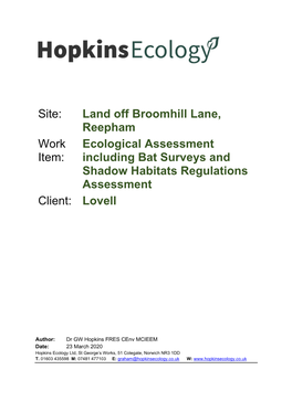 Site: Land Off Broomhill Lane, Reepham Work Item: Ecological