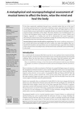 A Metaphysical and Neuropsychological Assessment of Musical Tones to Affect the Brain, Relax the Mind and Heal the Body