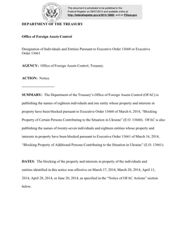 DEPARTMENT of the TREASURY Office of Foreign Assets Control Designation of Individuals and Entities Pursuant to Executive Order