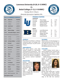 Lawrence University (0-20, 0-15 MWC) Vs. Beloit College (7-13, 5-10 MWC) Tuesday, Feb