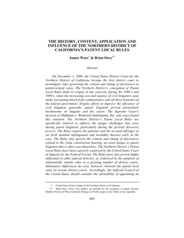 The History, Content, Application and Influence of the Northern District of California’S Patent Local Rules