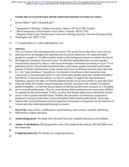 Gender Bias in Research Teams and the Underrepresentation of Women in Science 2 Roslyn Dakin1* and T