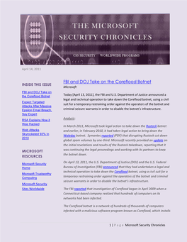 FBI and DOJ Take on the Coreflood Botnet INSIDE THIS ISSUE Microsoft FBI and DOJ Take on the Coreflood Botnet Today [April 13, 2011], the FBI and U.S