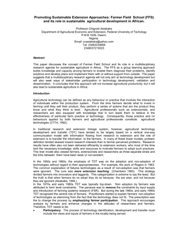 Promoting Sustainable Extension Approaches: Farmer Field School (FFS) and Its Role in Sustainable Agricultural Development in African