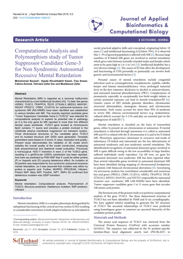 Computational Analysis and Polymorphism Study of Tumor Suppressor Candidate Gene-3 for Non Syndromic Autosomal Recessive Mental Retardation