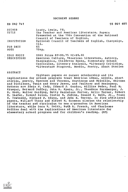 The Teacher and American Literature. Papers Presented at the 1964 Convention of the National Council of Teachers of English