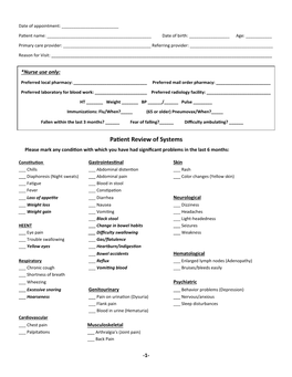 Patient Review of Systems Please Mark Any Condition with Which You Have Had Significant Problems in the Last 6 Months