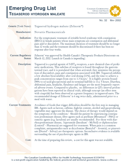 Emerging Drug List — Tegaserod Hydrogen Maleate