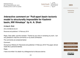 Pull-Apart Basin Tectonic Model Is Structurally Impossible for Kashmir Basin, NW Himalaya” by A