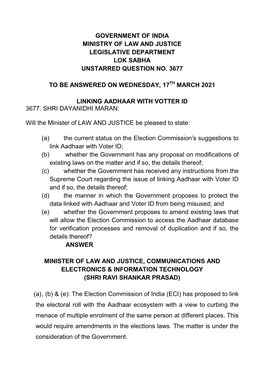 Government of India Ministry of Law and Justice Legislative Department Lok Sabha Unstarred Question No