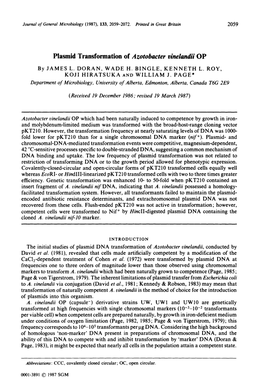 Plasmid Transformation of Azotobacter Vinelandii OP by JAMES L