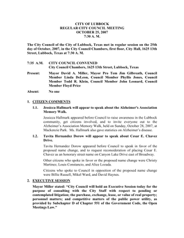 City of Lubbock Regular City Council Meeting October 25, 2007 7:30 A