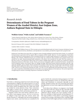 Determinants of Food Taboos in the Pregnant Women of the Awabel District, East Gojjam Zone, Amhara Regional State in Ethiopia