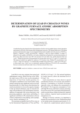 Determination of Lead in Croatian Wines by Graphite Furnace Atomic Absorption Spectrometry