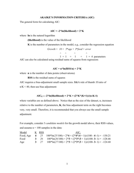 1 AKAIKE's INFORMATION CRITERIA (AIC) the General Form For