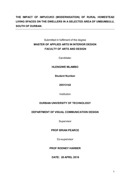 The Impact of Impucuko (Modernisation) of Rural Homestead Living Spaces on the Dwellers in a Selected Area of Umbumbulu, South of Durban