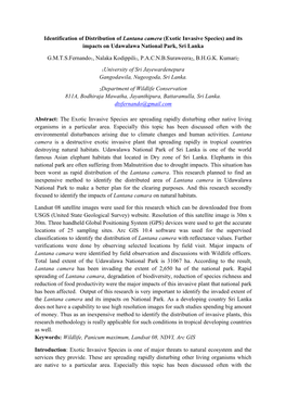 Identification of Distribution of Lantana Camera (Exotic Invasive Species) and Its Impacts on Udawalawa National Park, Sri Lanka