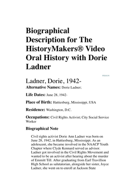 Biographical Description for the Historymakers® Video Oral History with Dorie Ladner