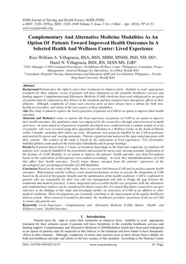 Complementary and Alternative Medicine Modalities As an Option of Patients Toward Improved Health Outcomes in a Selected Health and Wellness Center: Lived Experience