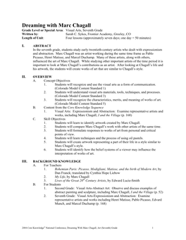 Dreaming with Marc Chagall Grade Level Or Special Area: Visual Arts, Seventh Grade Written By: Sarah C